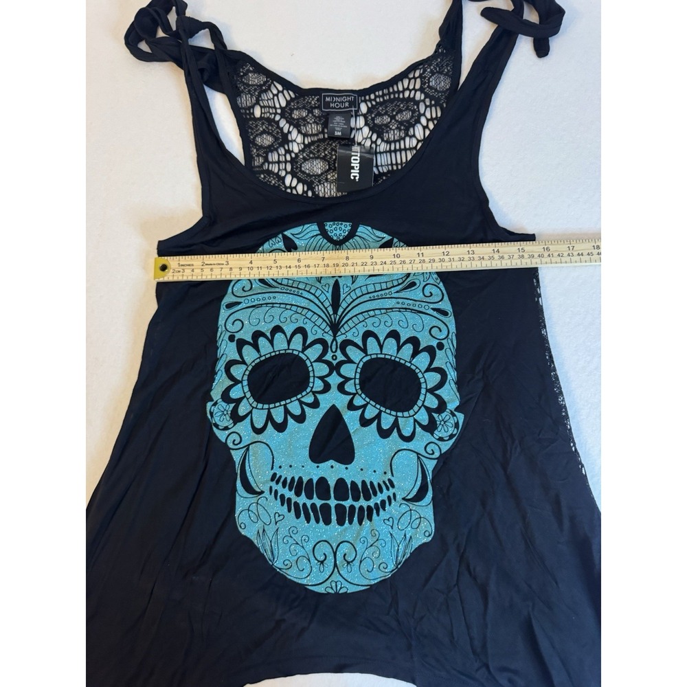Midnight Hour Black Teal Glitter Sugar Skull Lace Back Tie Tank Top SM NWT